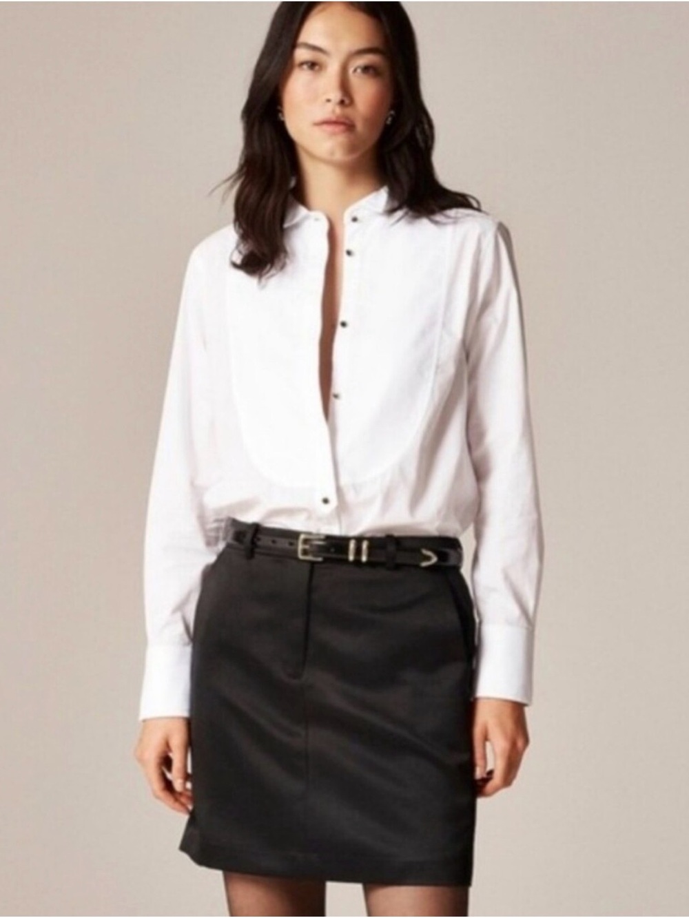 J. Crew Jules Tuxedo Shirt in Cotton Poplin | White with black/gold buttons - Picture 1 of 7